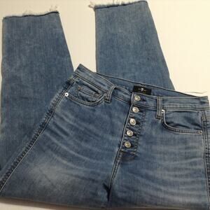 7 For All Mankind Jeans 28 High Waist Cropped Straight Raw Hem Distressed Ripped